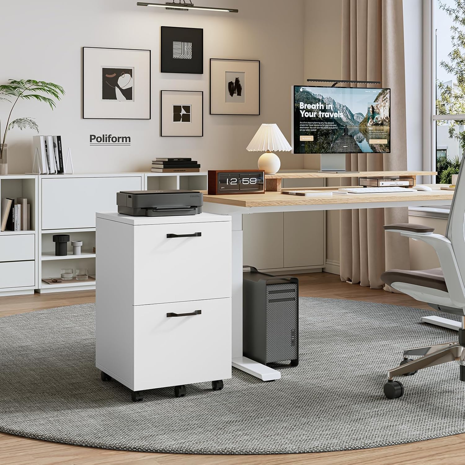 Sweetcrispy 2-Drawer Rolling File Cabinet, Wood Under Desk Storage with Lockable Wheels, Mobile Printer Stand & Home Office Organizer for Documents and Office Supplies, White