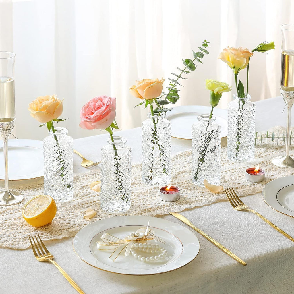 ComSaf Glass Bud Vases Set of 12, Small Diamond Bud Vases in Bulk, Mini Flowers Vases for Centerpieces, Vintage Bottle for Table Decorations, Wedding Decor, Recepetion, Home, (Clear)