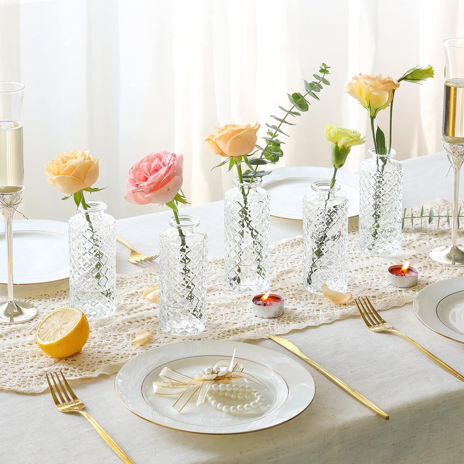 ComSaf Glass Bud Vases Set of 12, Small Diamond Bud Vases in Bulk, Mini Flowers Vases for Centerpieces, Vintage Bottle for Table Decorations, Wedding Decor, Recepetion, Home, (Clear)
