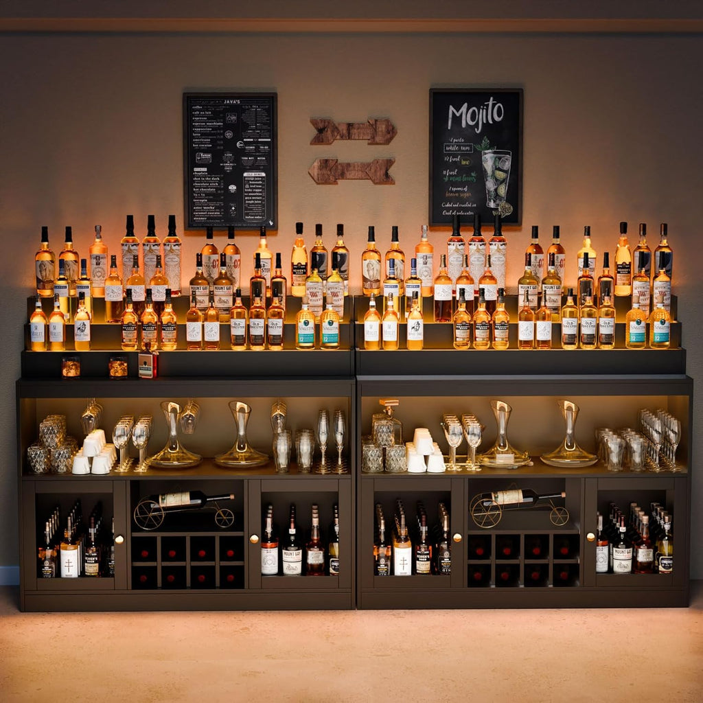 Loomie Wine Bar Cabinet with LED Lighted Liquor Bottle Display Shelf, Liquor Cabinet with Glass Holder, Coffee Bar for Liquor, Storage Buffet with Wine Racks, Wine Cabinet with Door (Black)