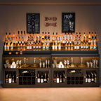 Loomie Wine Bar Cabinet with LED Lighted Liquor Bottle Display Shelf, Liquor Cabinet with Glass Holder, Coffee Bar for Liquor, Storage Buffet with Wine Racks, Wine Cabinet with Door (Black)