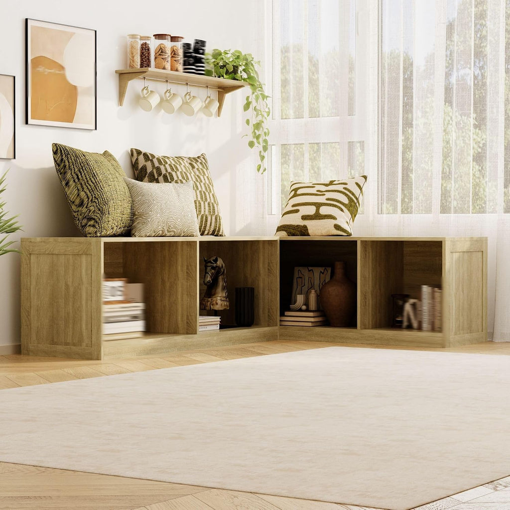 L-Shaped Corner Banquette Storage Bench, Entryway Bench with Open Shoe Storage Shelves for Bedroom, Kitchen Breakfast Nook Corner Benches for Dining Room, Living Room,Oak Color (No Cushion)