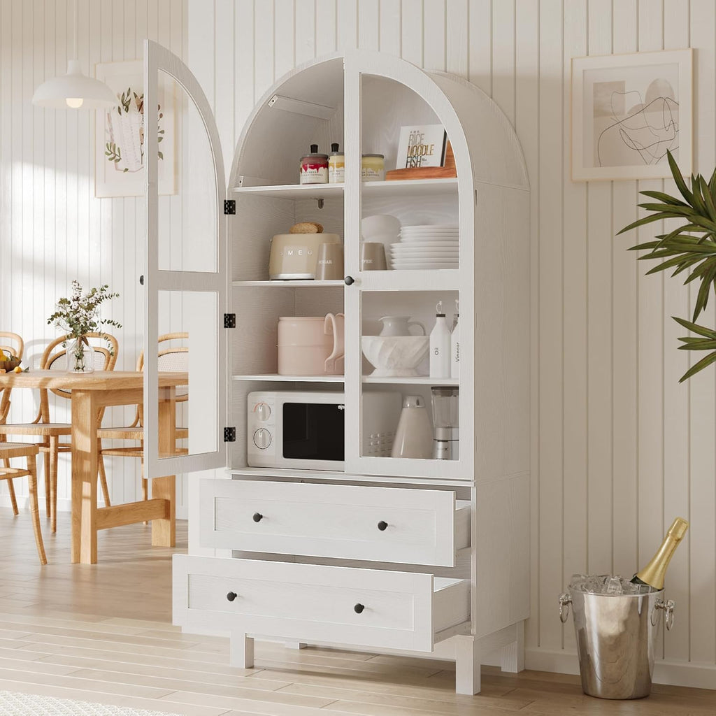 Furnify 71" Tall Arched Kitchen Pantry, Wood Pantry Cabinet with 2 Large Drawers and Glass Doors, Modern Farmhouse Versatile Cupboard for Kitchen, Dining Room, White
