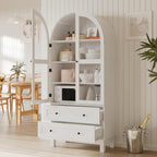 Furnify 71" Tall Arched Kitchen Pantry, Wood Pantry Cabinet with 2 Large Drawers and Glass Doors, Modern Farmhouse Versatile Cupboard for Kitchen, Dining Room, White