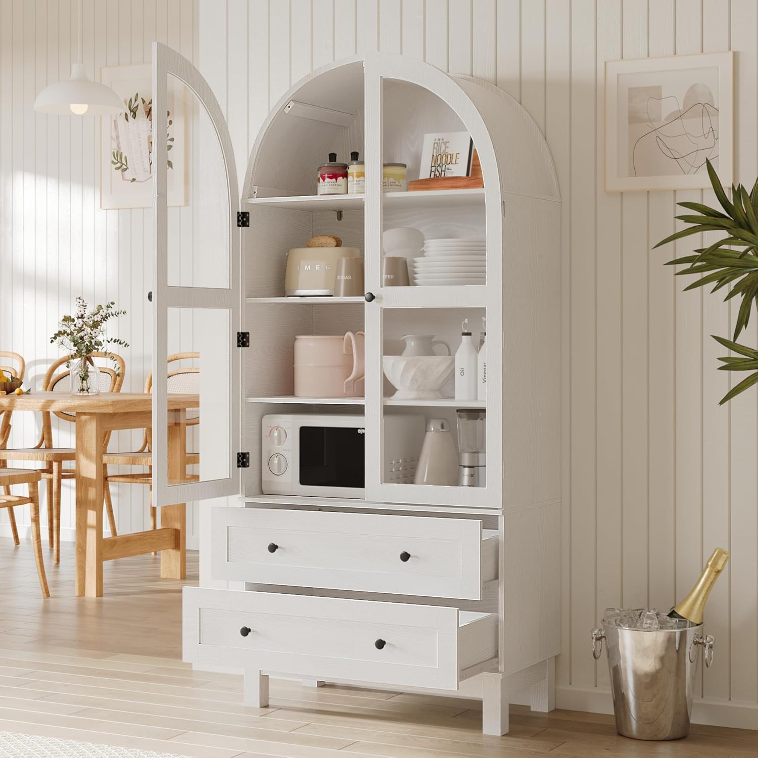 Furnify 71" Tall Arched Kitchen Pantry, Wood Pantry Cabinet with 2 Large Drawers and Glass Doors, Modern Farmhouse Versatile Cupboard for Kitchen, Dining Room, White