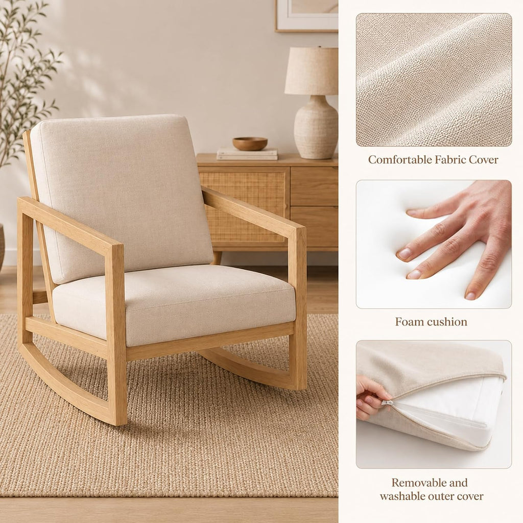 Solid Wood Rocking Chair, Upholstered Nursery Rocker with Removable Washable Cushion and Back Pillow, Comfy Armchair for Living Room, Bedroom, Reading Nook and Baby Feeding, Beige