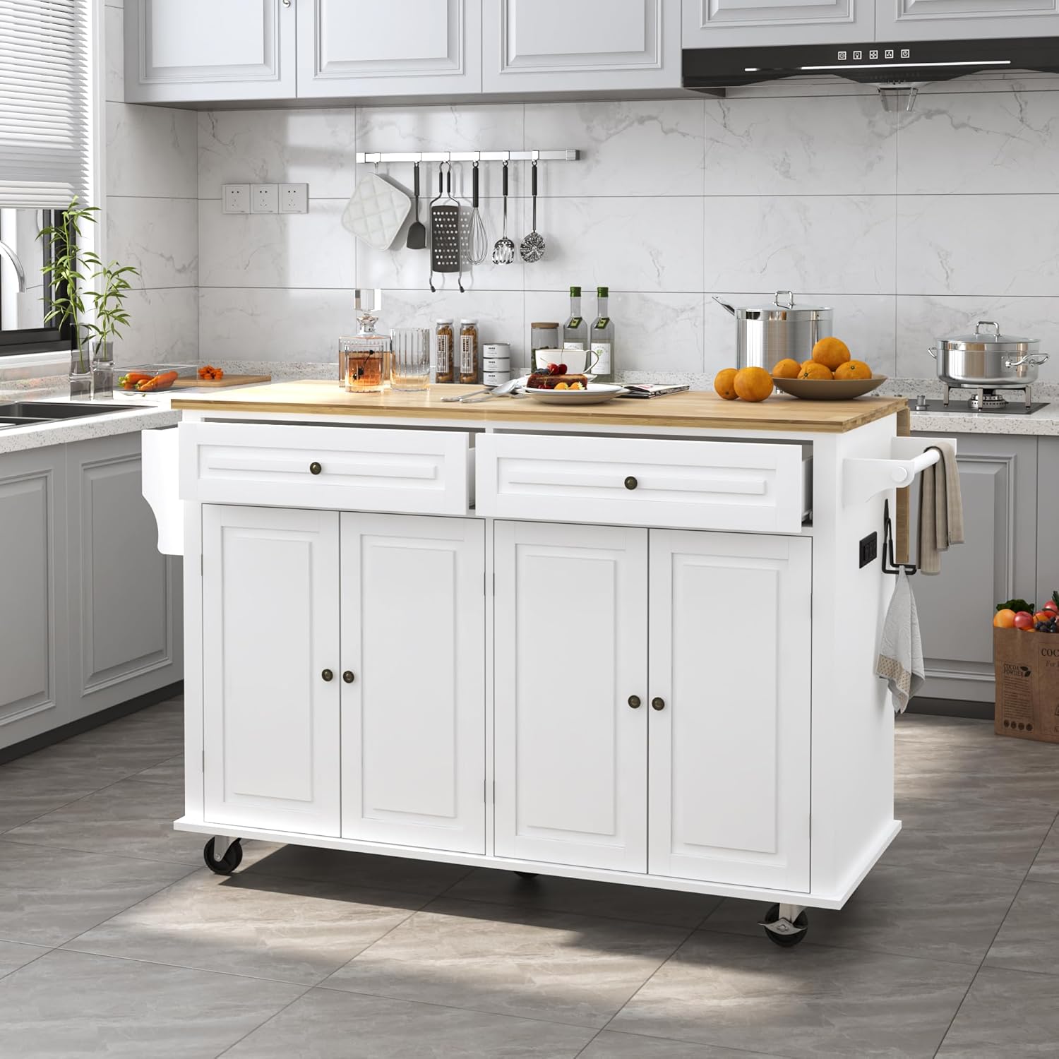 Squireewo 59" Kitchen Cart with Wood Top and Drop Leaf Breakfast Bar, Rolling Mobile Kitchen Island Table on Wheels with Drawer and Storage Cabinet, Spice Rack, Towel Rack, White