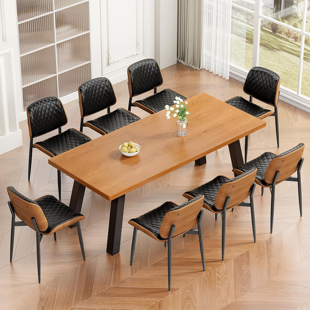 REONEY Dining Chairs Set of 2, Mid-Century Modern Upholstered PU Leather Chairs with Walnut Back and Metal Legs Adjustable Feet for Kitchen Dining Room, Black Diamond Plaid