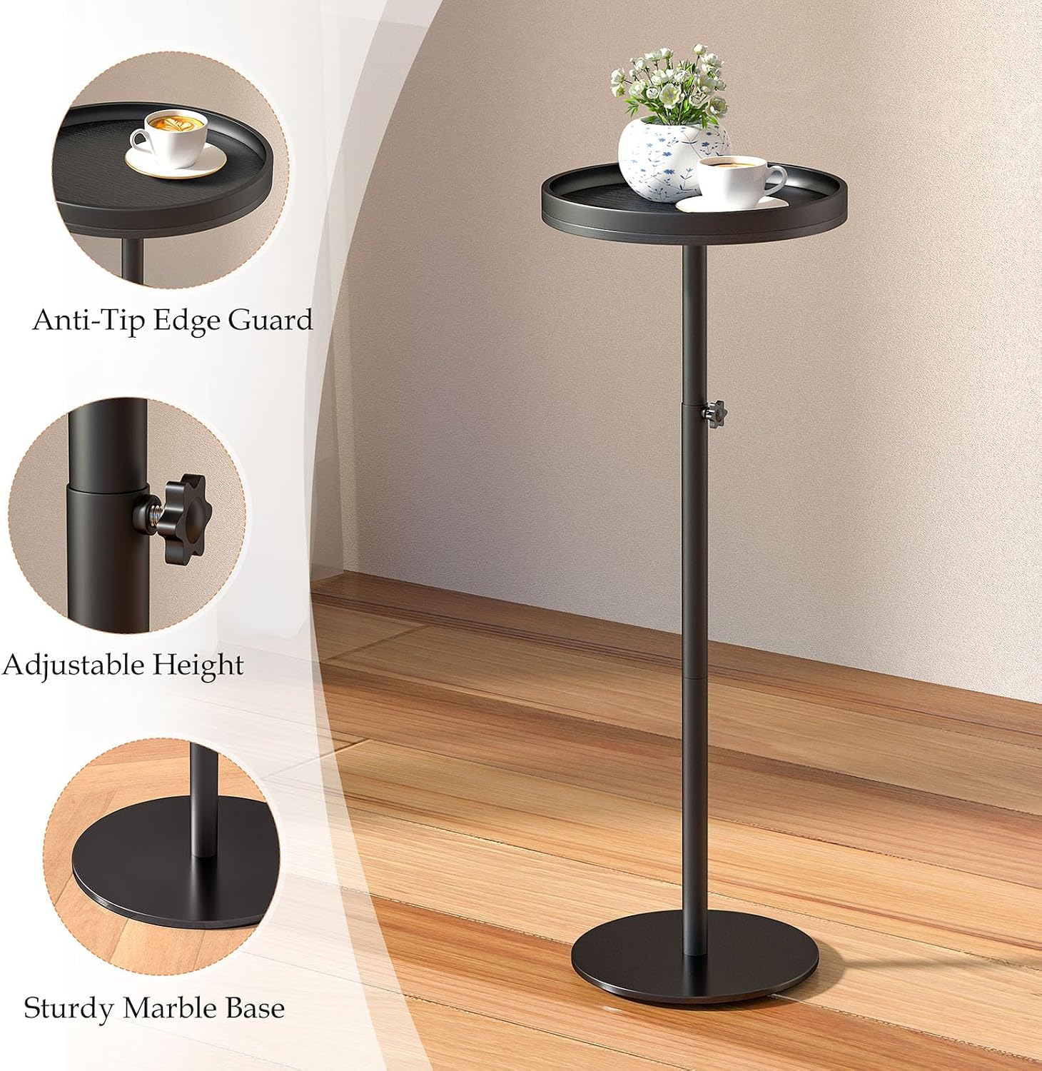 Height Adjustable Drink Table, Small Round Side Table, Weighted Martini Pedestal Tables for Small Spaces, Living Room, Bedroom, Sofa Couch, Office, Black