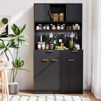 73" Tall Modern Kitchen Pantry Cabinet, Kitchen Hutch Bar Cabinet with Charging Station & DIY Pegboard, Wooden Storage Cabinets with Fluted Doors & Microwave Stand, Cupboard for Dining Room, Black