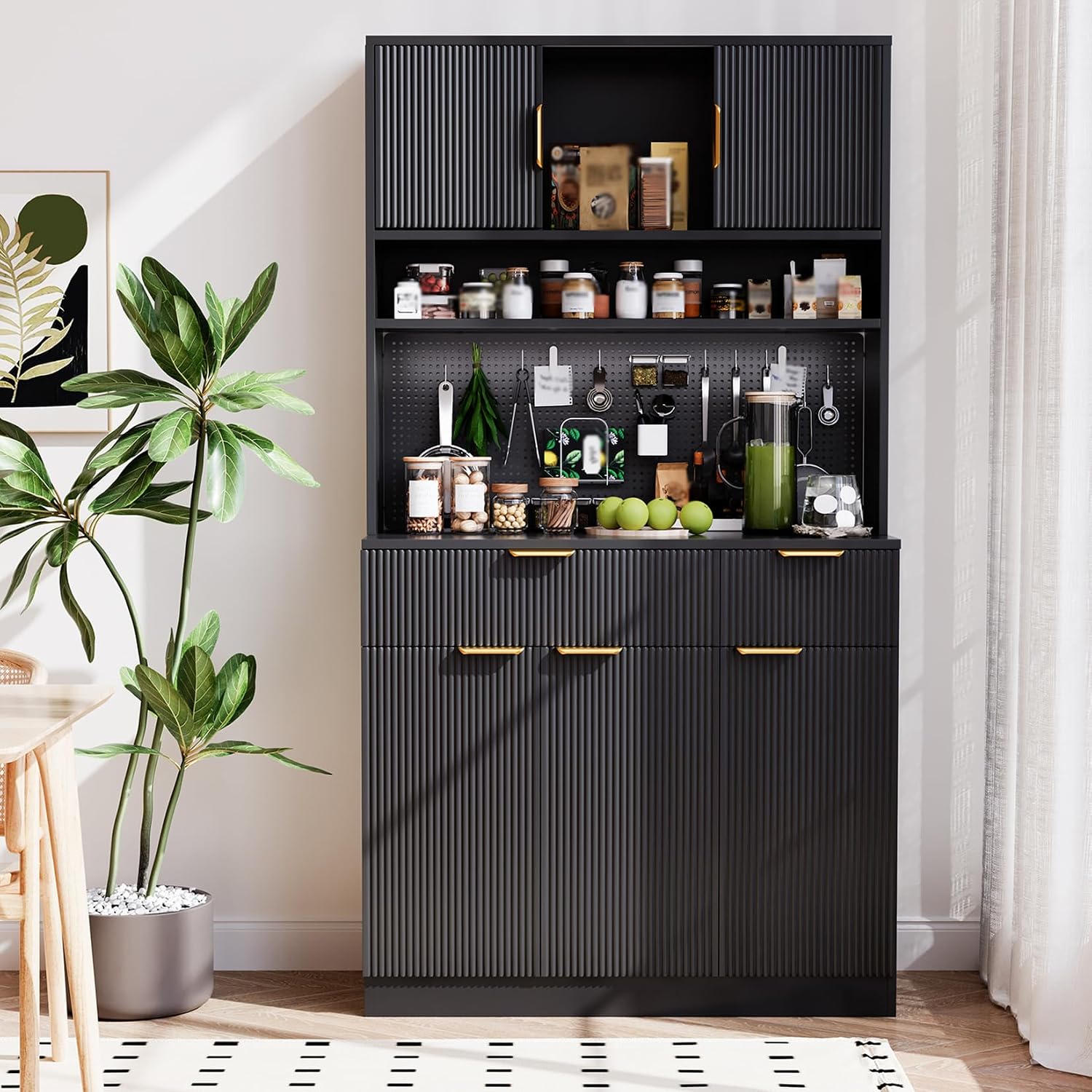73" Tall Modern Kitchen Pantry Cabinet, Kitchen Hutch Bar Cabinet with Charging Station & DIY Pegboard, Wooden Storage Cabinets with Fluted Doors & Microwave Stand, Cupboard for Dining Room, Black