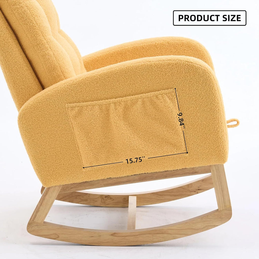 Rocking Chair, Nursery Rocker, Upholstered Accent Chair with Footrest, High Back Armchair for Living Room Bedroom, Yellow, Rubber Wood Legs, Side Pocket, 26.77D 38.36W 39.76H Inch