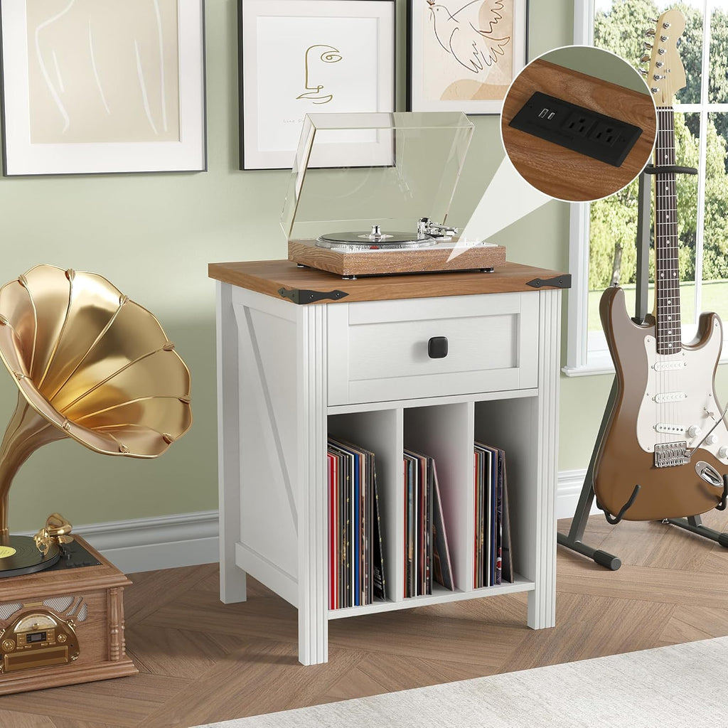 Farmhouse Record Player Stand with Vinyl Record Storage, End Table with Charging Station, Wood Record Holder Cabinet Dispaly Shelf for Living Room,Bedroom,Office,White