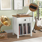 Farmhouse Record Player Stand with Vinyl Record Storage, End Table with Charging Station, Wood Record Holder Cabinet Dispaly Shelf for Living Room,Bedroom,Office,White