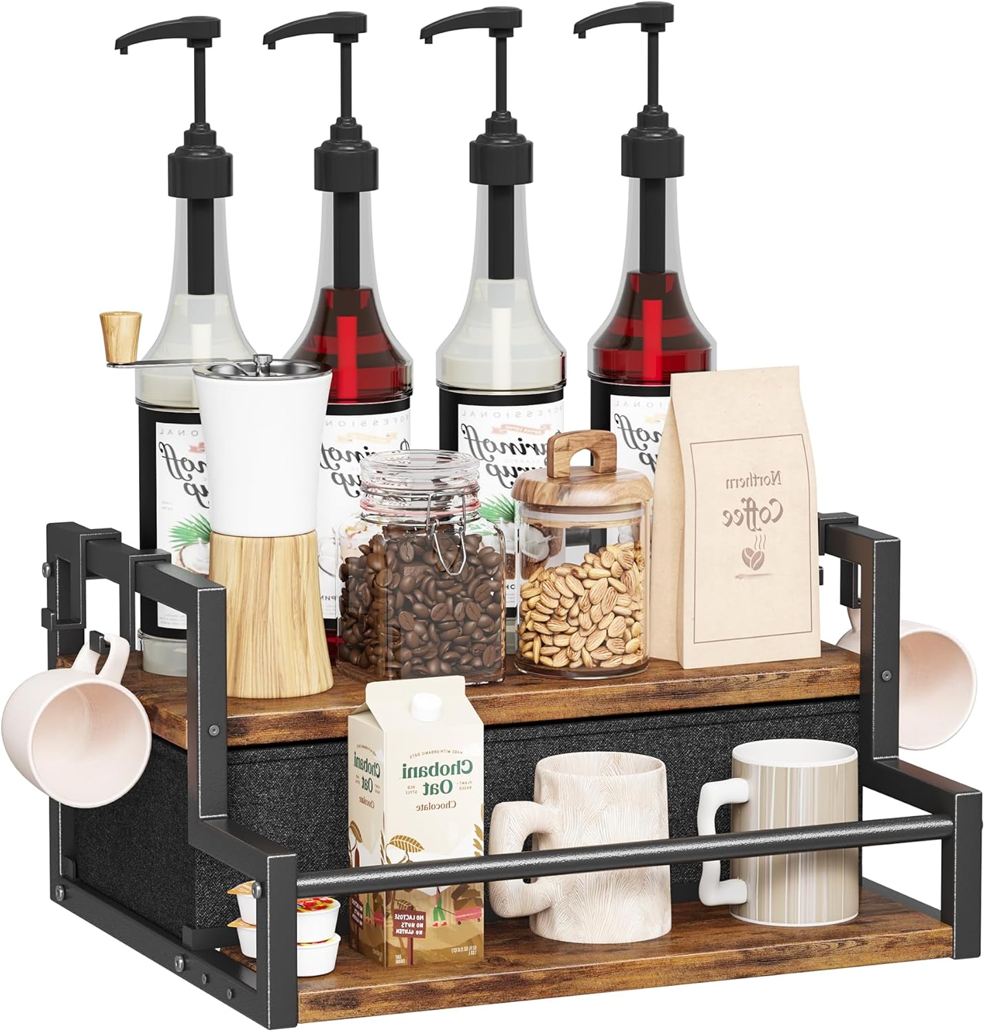 Homeiju Coffee Syrup Organizer Rack, 2-Tier Coffee Bar Accessories, Bottle Holder Stand with K Cup Storage Drawer for Coffee bar, Wine Rack, Storage Shelves for Syrup. (Rustic Brown)