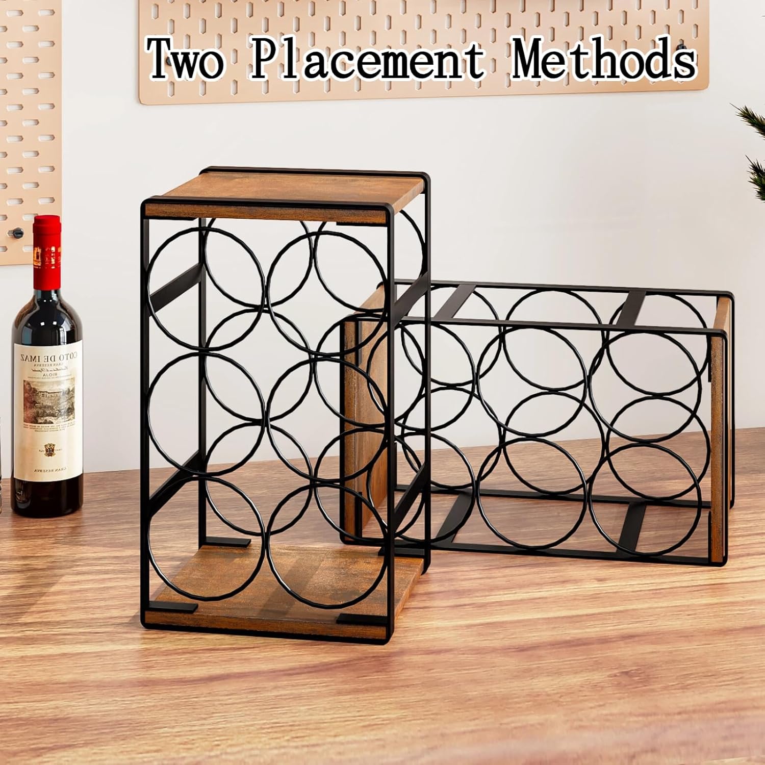 Wood Countertop Wine Rack No Need Assembly 6 Bottles Black + Rustic Brown