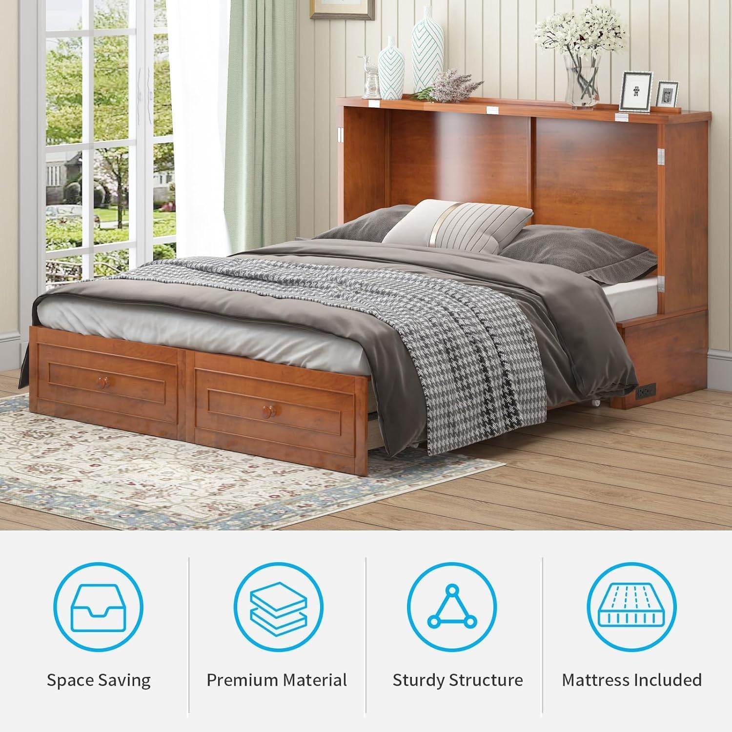 Mjkone Murphy Bed Cabinet Queen with Tri-fold Mattress, Murphy Chest Bed with Built-in Charging Station & 2 Storage Drawers, Cabinet Beds Cube Chest Beds for Guest Room, Cherry