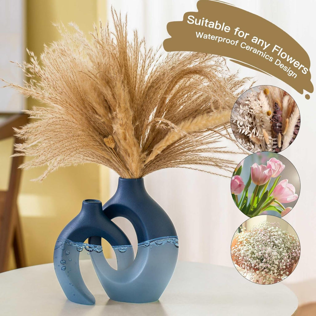 Lvases Snuggle Hollow Ceramic Flower Vase Set 2, Nordic Boho Home Decor | Modern Aesthetic Ins Style Living Room Coffee Table Centerpieces Pampas Grass Decorative Display Matte Navy Blue 6.3"W 8.4"H