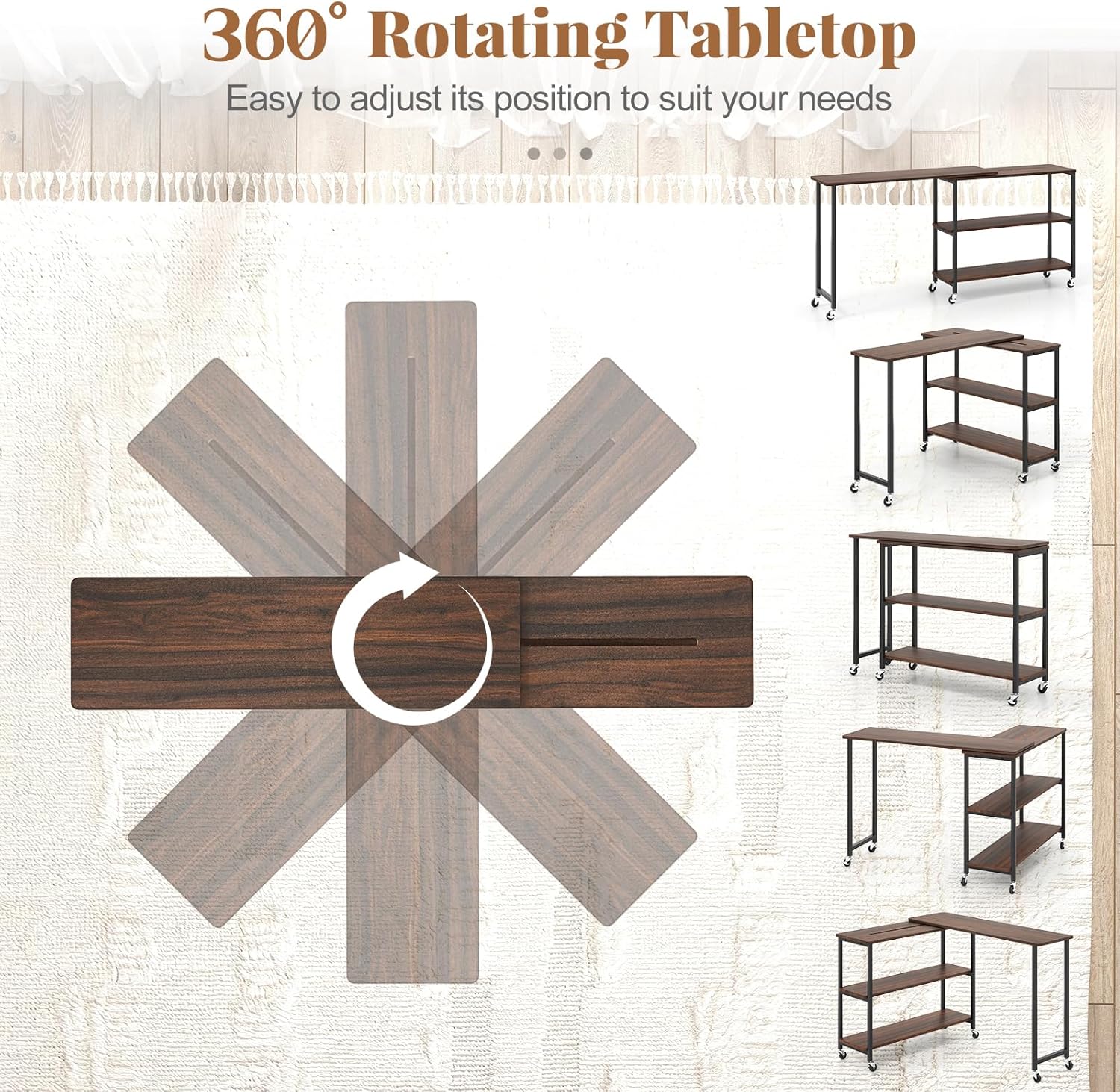 Tangkula Large 360° Free Rotating Sofa Side Table, Patented Mobile Couch Desk with 2-Tier Storage Shelves, Movable Laptop Desk with Sturdy Metal Frame, Extendable Couch Snack Table for Home Office