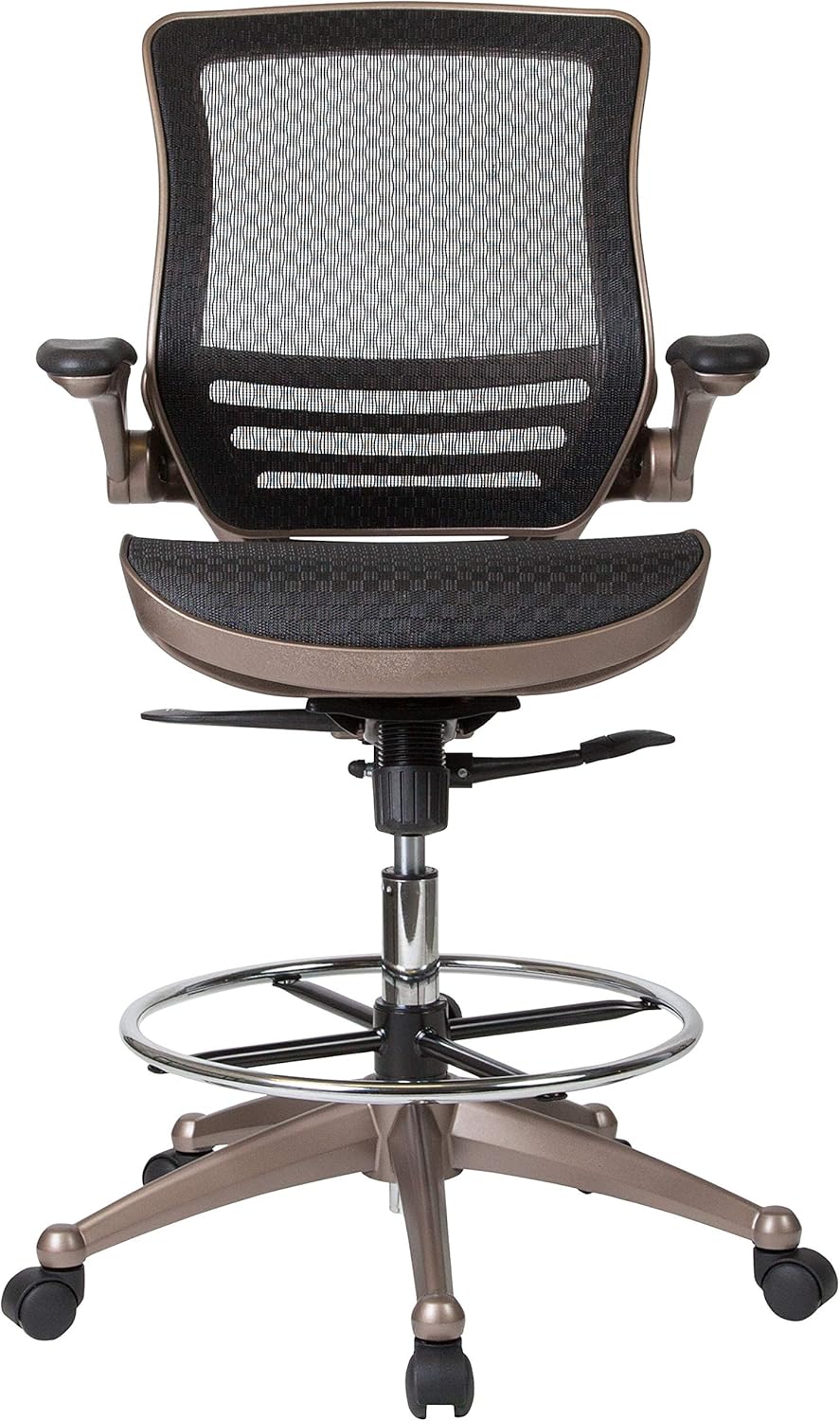 EMMA + OLIVER Mid-Back Transparent Black Mesh Drafting Chair with Gold Frame and Flip-Up Arms