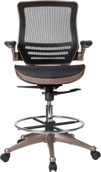 EMMA + OLIVER Mid-Back Transparent Black Mesh Drafting Chair with Gold Frame and Flip-Up Arms