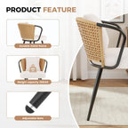 Rattan Dining Chairs Set of 4, Modern Upholstered Kitchen Chair with Metal Legs, Ergonomic Curved Backrest, Mid Century Living Room Chairs with Throw Pillow, Natural