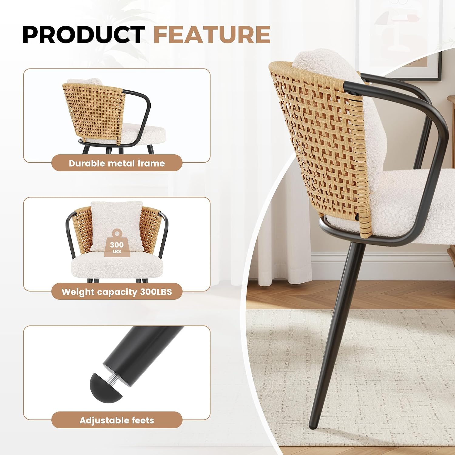 Rattan Dining Chairs Set of 4, Modern Upholstered Kitchen Chair with Metal Legs, Ergonomic Curved Backrest, Mid Century Living Room Chairs with Throw Pillow, Natural