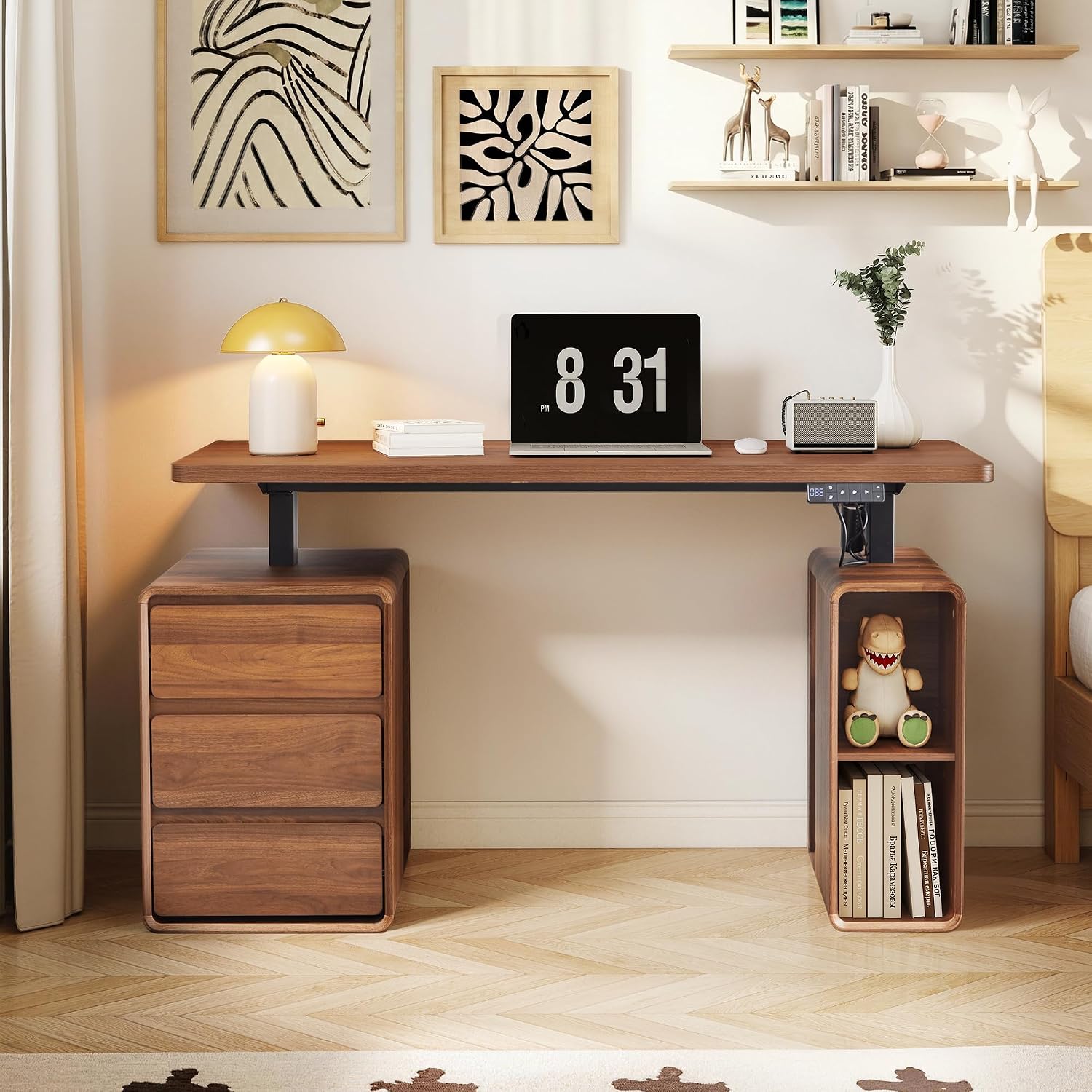 Electric Standing Desk with Drawers, 55" Office Desk Height Adjustable Executive Desk with Storage Shelves, Simple Setup Wood Desk Home Office Stand up Desk for Work, Study, Writing, Walnut