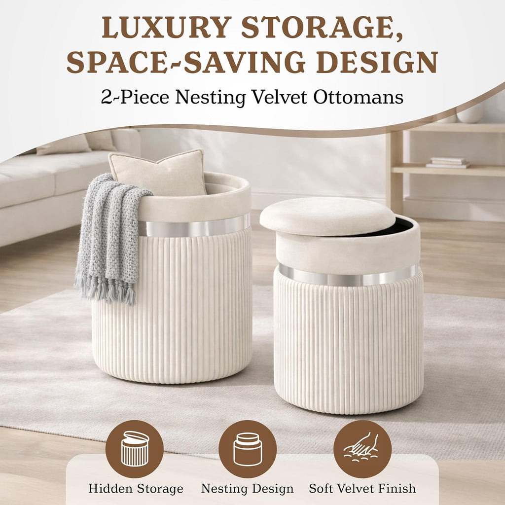 Round Storage Ottoman Set of 2 - White Ottoman with Storage for Living Room - Velvet Vanity Stool and Footrest - Round Nesting Ottoman Stools for Bedroom Makeup Area - Hidden Storage