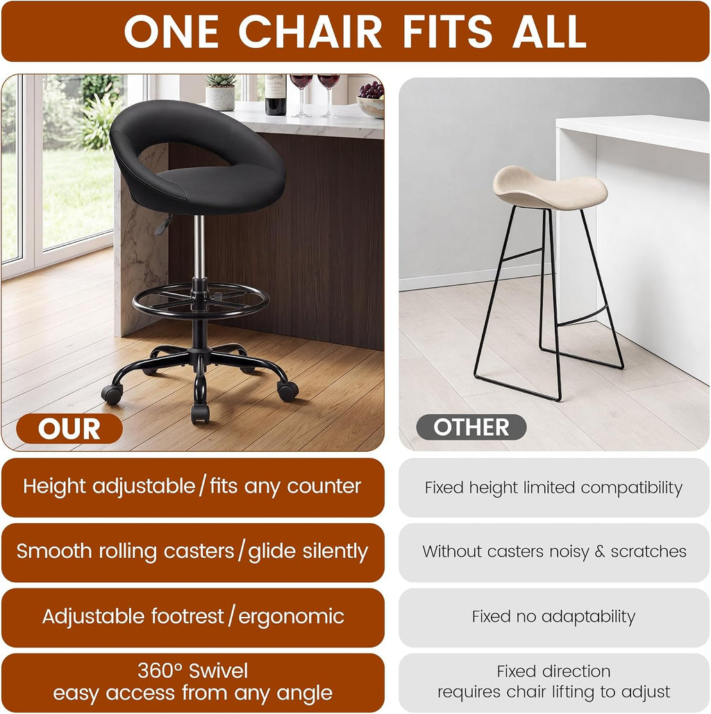 Ergonomic Drafting Chair for Standing Desk, Height Adjustable Rolling Stool with Foot Rest, Tall PU Leather Chair with Wheels and Back Support for Home Office Kitchen Counter, Black