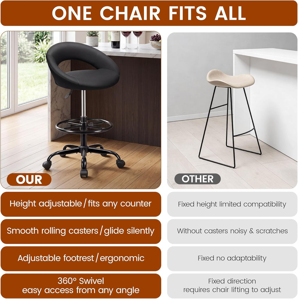 Ergonomic Drafting Chair for Standing Desk – Height Adjustable Tall Rolling Stool with Foot Rest, Back Support & PU Leather, 360° Swivel Wheels for Home Office Kitchen Counter Salon, Black