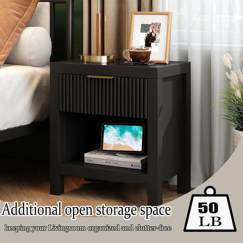 End Table Set of 2 with Storage, Small End Table, Wood Bedside Table with Drawer and Opening Storage, Nightstand Accent Table for Living Room, Bedroom, Black
