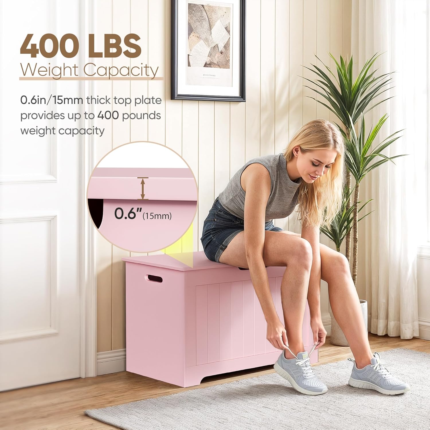 JungleA 30'' Box Storage Chest Trunk, Wooden Storage Bench Organizer Box Shoe Blanket Chest, w/2 Safety Hinges, for Living Room, Bedroom, Entryway, Pink