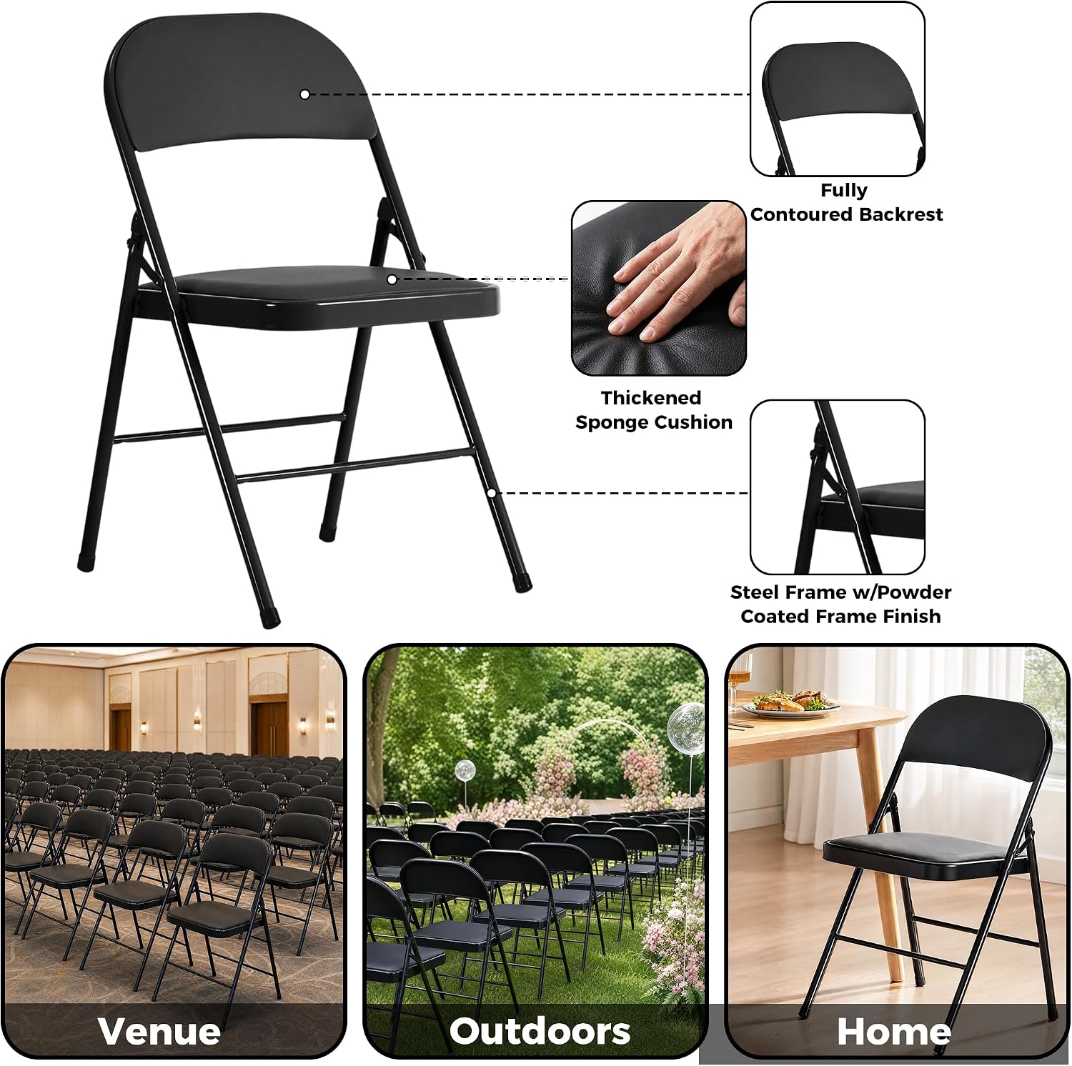 6 Pack Black Folding Chairs with Padded Seats,Portable & Stackable Dining Chairs Sets with Steel Frame, Portable Folding Chairs for Outside, Office Events, Weddings, Pu Leather