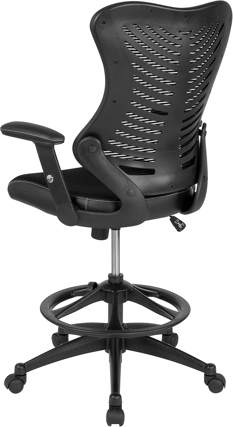 Flash Furniture Waylon High Back Designer Black Mesh Drafting Chair with LeatherSoft Sides and Adjustable Arms