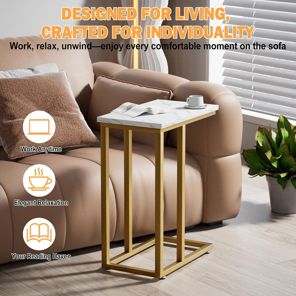 VECELO Universal C-Shaped Side Table, Multi-Functional Snack & TV Tray for Living Room, Bedroom, Gold (2 Set)
