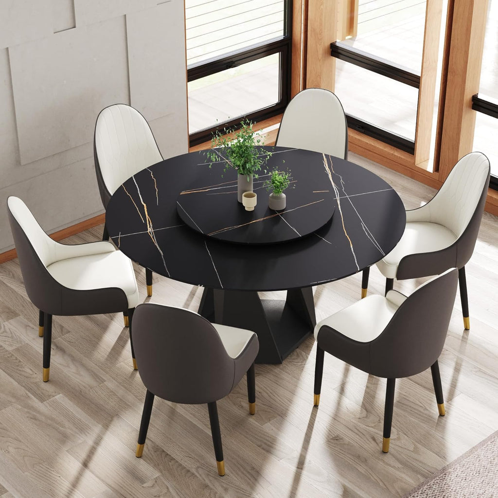Montary 7 Piece Modern Dining Table Chairs Set of 6, Round 59" D Faux Marble Kitchen Table with Lazy Susan, Black Sintered Stone and Geometric Openwork Iron Dining Table with 6 Brown Chairs