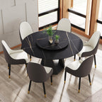 Montary 7 Piece Modern Dining Table Chairs Set of 6, Round 59" D Faux Marble Kitchen Table with Lazy Susan, Black Sintered Stone and Geometric Openwork Iron Dining Table with 6 Brown Chairs