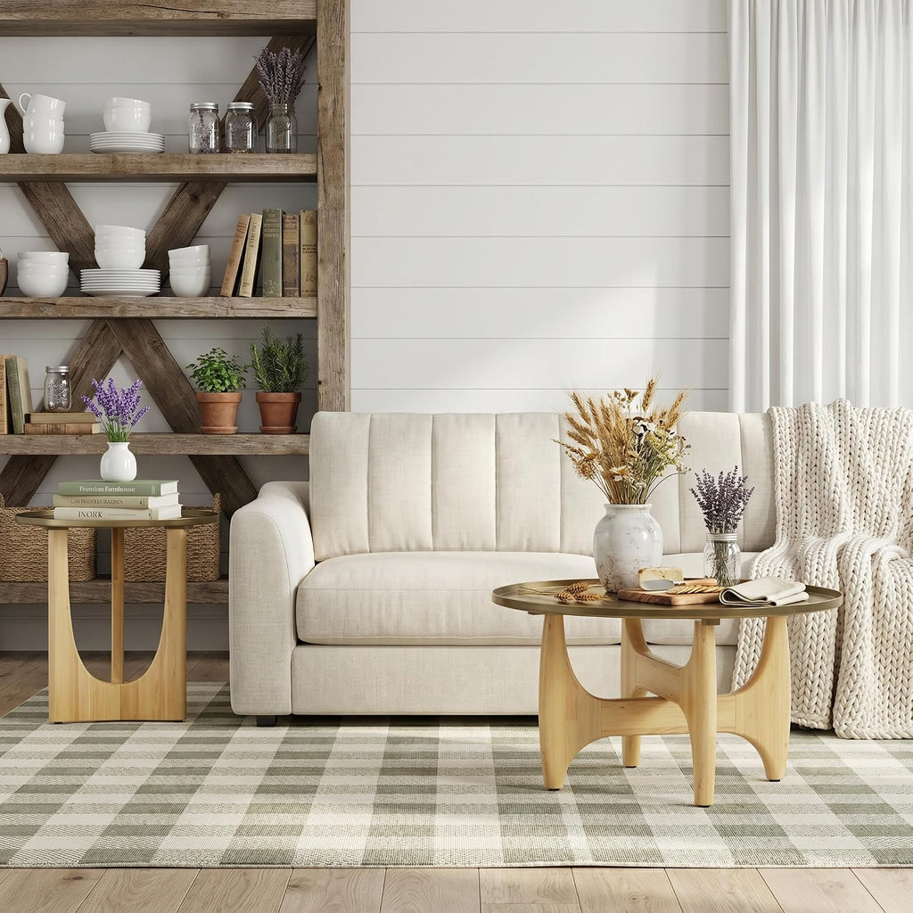 Asday Farmhouse End Table, Wood Side Table with Metal Tray Top, Geometric Base, Small End Table, Bedside Table for Living Room or Bedroom, 1 Piece