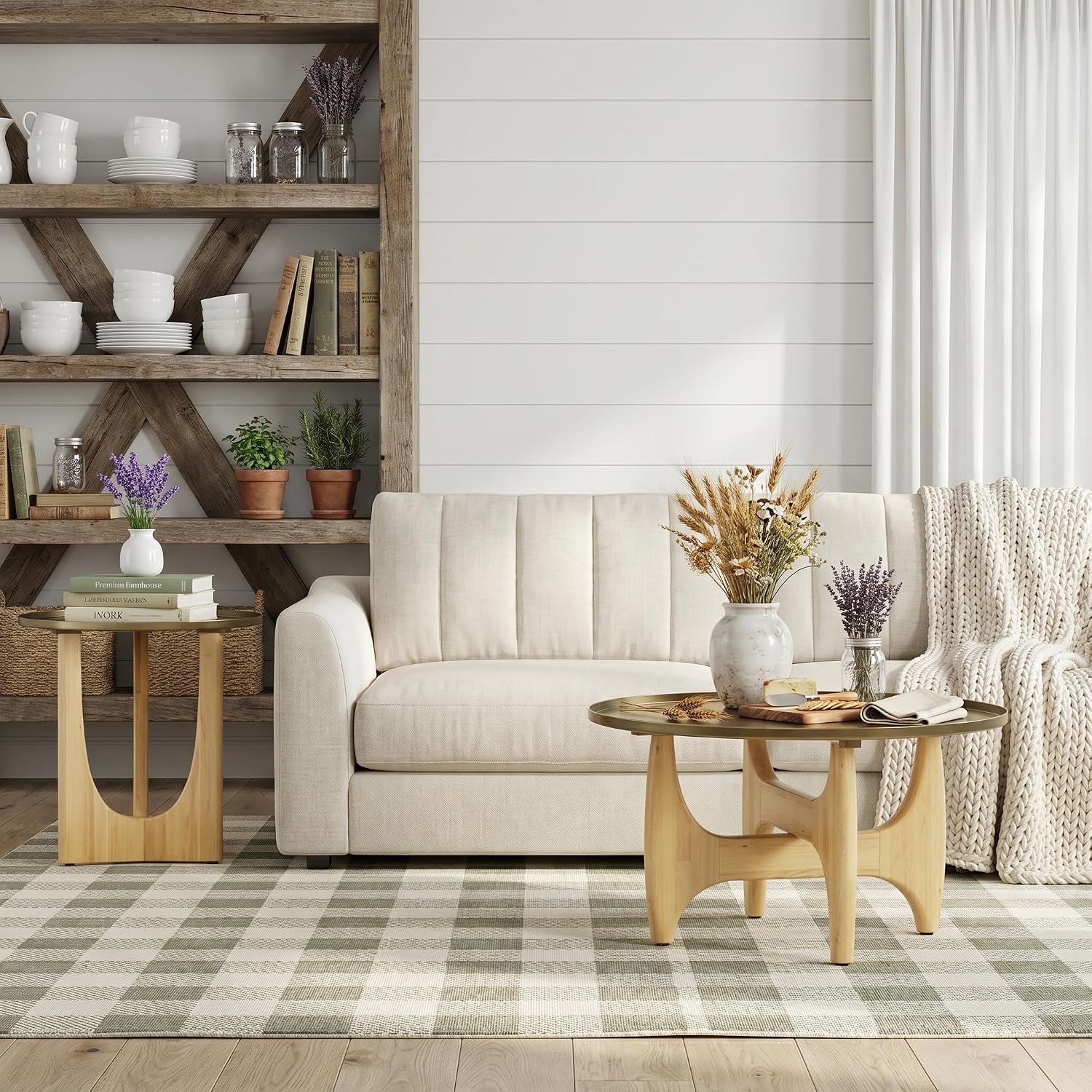 Asday Farmhouse End Table, Wood Side Table with Metal Tray Top, Geometric Base, Small End Table, Bedside Table for Living Room or Bedroom, 1 Piece