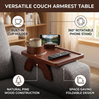 Foldable Sofa Arm Tray, Wood Couch Armrest Table with 360 Rotatable Phone Stand & Cup Holder for Living Room Snacks, Drinks, Books, Remotes (Brown)