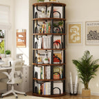 Aheaplus 6 Tier Rotating Bookshelf Tower, Revolving Bookcase, 360° Round Spinning Book Shelf, Narrow Swivel Bookshelves Vertical Turning Corner Bookshelf Organizer for Small Space, Rustic Brown