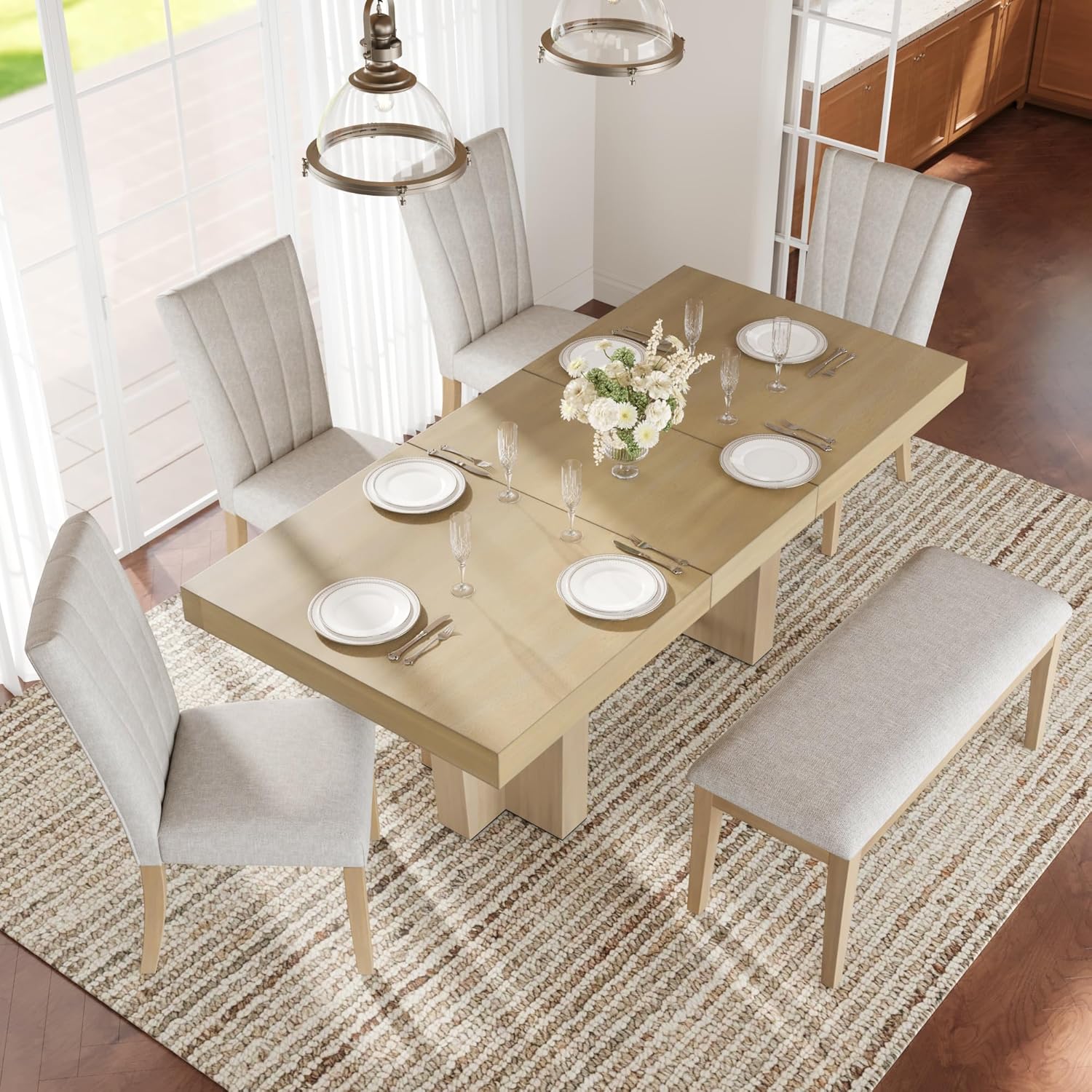LUMISOL Farmhouse Dining Table Set for 6, Extendable Kitchen Table Set with Bench and 4 Upholstered Chairs, 3.8inch Thick Tabletop and Trestle Legs for Kitchen, Dining Room, Natural+Beige