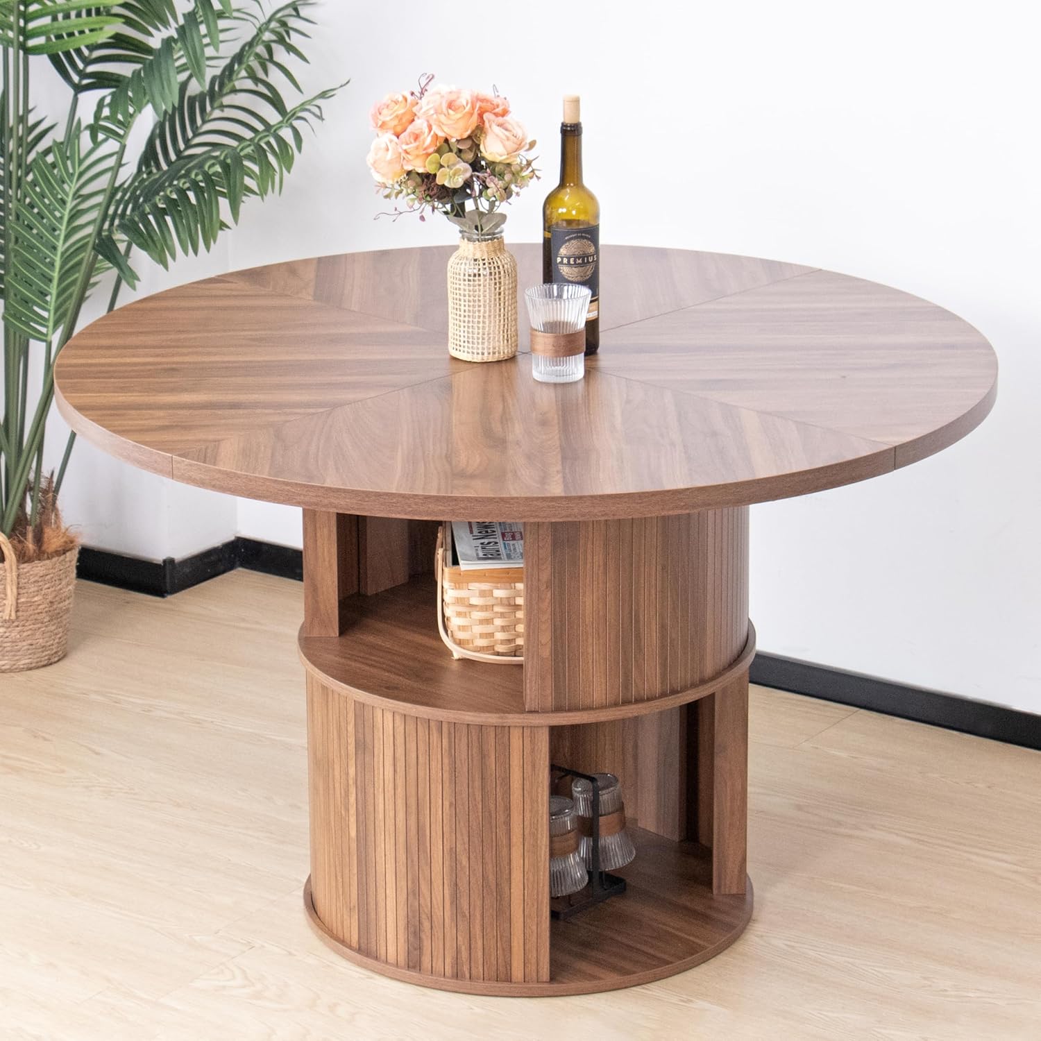47 inch Round Dining Table for 4, Farmhouse Kitchen Dining Table with 2-Layer Storage Shelf and Fluted Panel, Modern Wooden Dining Room Table for Home, Kitchen, Living Room (Walnut)