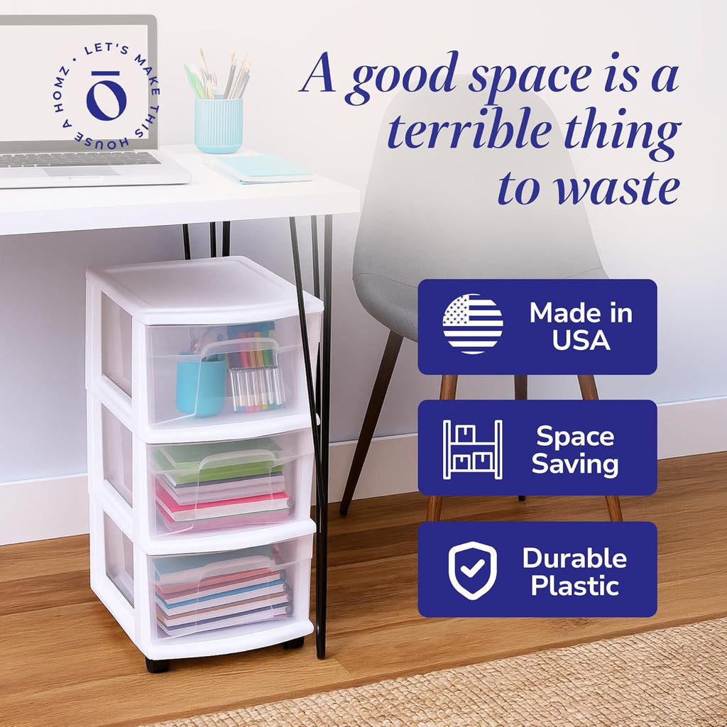 HOMZ Drawer Tower, 3-Tier Rolling Storage Cart with Removable Wheels, White Frame – Plastic Organizer with Clear Bin Drawers for Bedroom, Bathroom, Home Office, and Dorm Room
