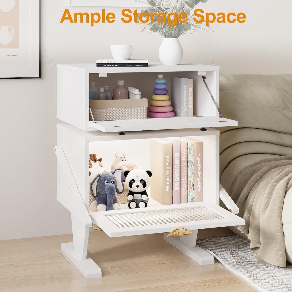 May in Color End Table with LED Light Strips, Creative End Table with Storage, Wood Night Stand Cabinet, Modern Bedside Table with 360° Rotating Drawer for Living Room, Bedroom, Nursery, White