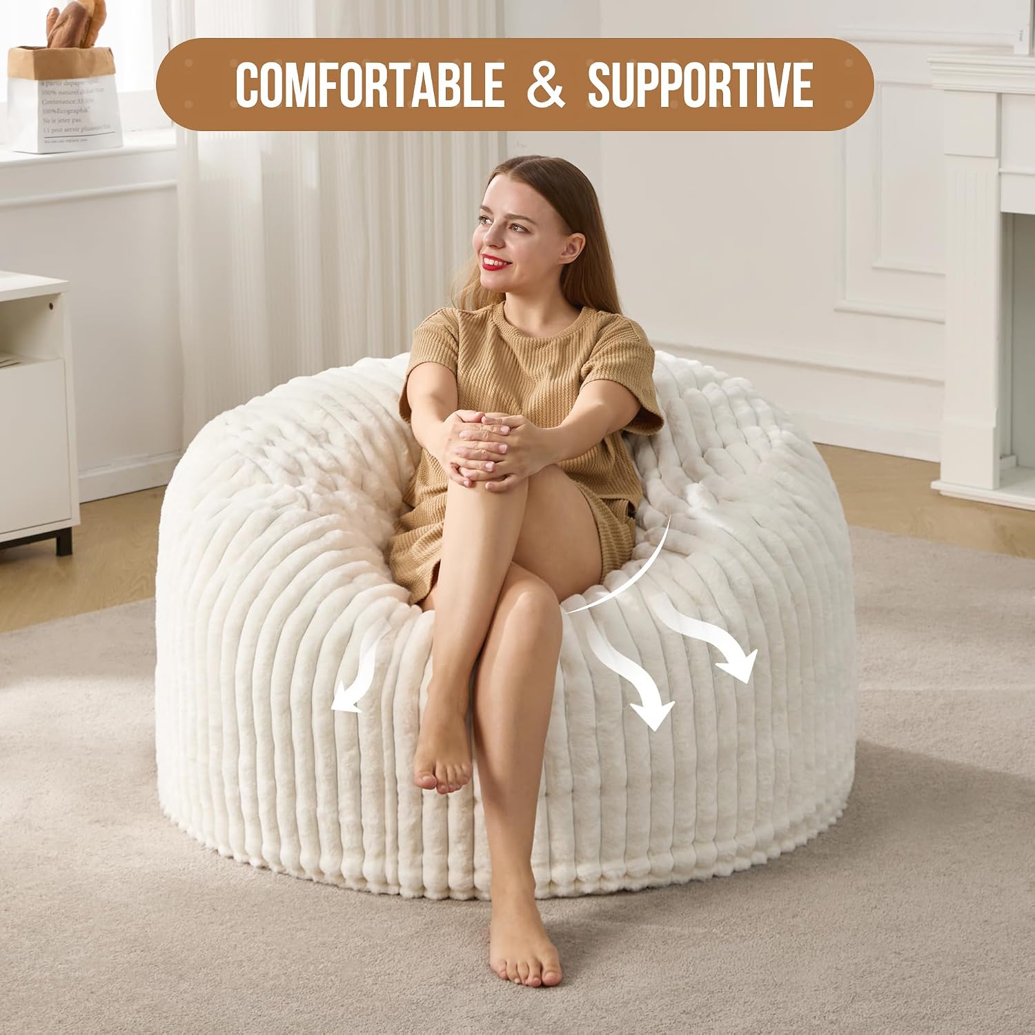 Hobestluk Adult Bean Bag Chair Giant Beanbag with Filling Living Room 3FT | White Large Big Oversized Bean Bag Chair Memory Foam Filling Machine Washable Fluffy Cover Bedroom Dorm Reading Gaming