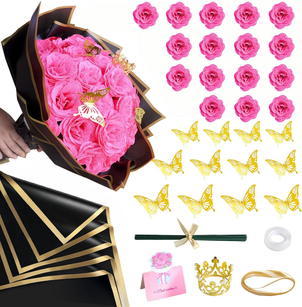Glitter Rose Flower Bouquet, Fake Roses Bouquet 16 Pcs DIY Glitter Rose Bouquet Kits Birthday Gifts for Women Mom Mother's Day Anniversary Graduation - Hot Pink