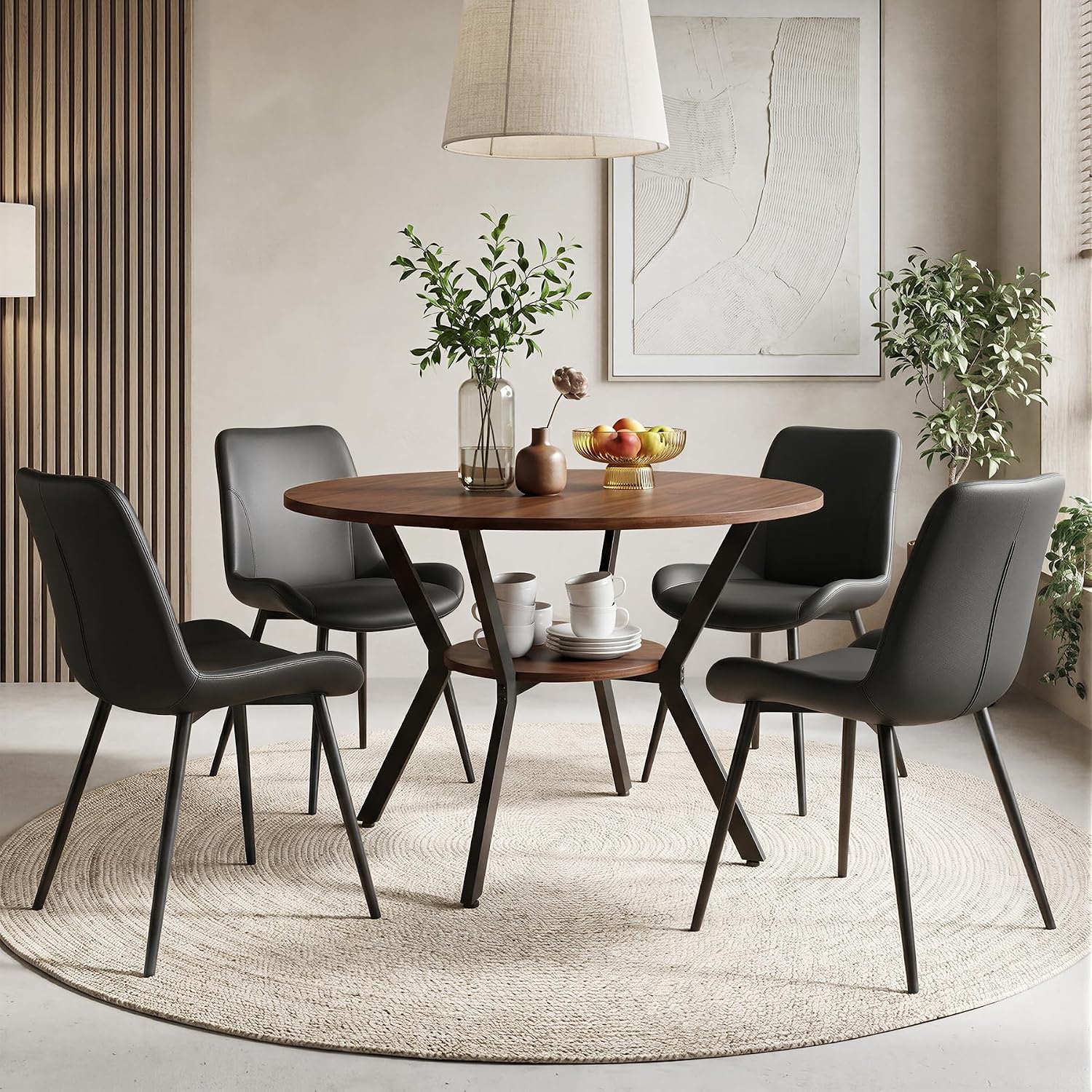 Miereirl 42.13" 5-Piece Round Dining Table Set for 4, Kitchen Table Set with 4 Upholstered Chairs and Storage Shelf, Dining Room Furniture Set for Apartment, Small Spaces