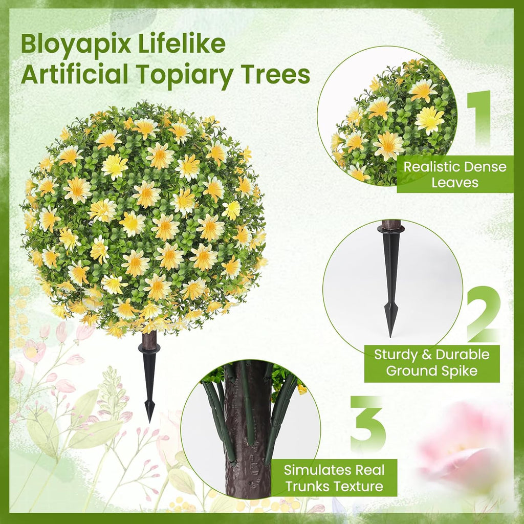 26" Artificial Yellow Boxwood Topiary Ball Tree with Ground Spike, Set of 2 Fake Fall Boxwood Bushes Shrubs Outdoor, UV Resistant Faux Greenery Trees Ball for Outdoor Front Porch Garden Decor